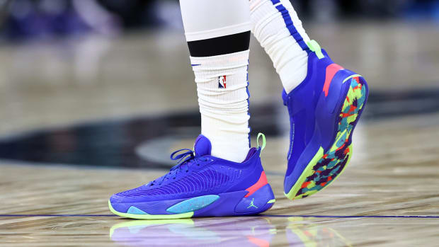 View of blue Jordan Luka shoes.